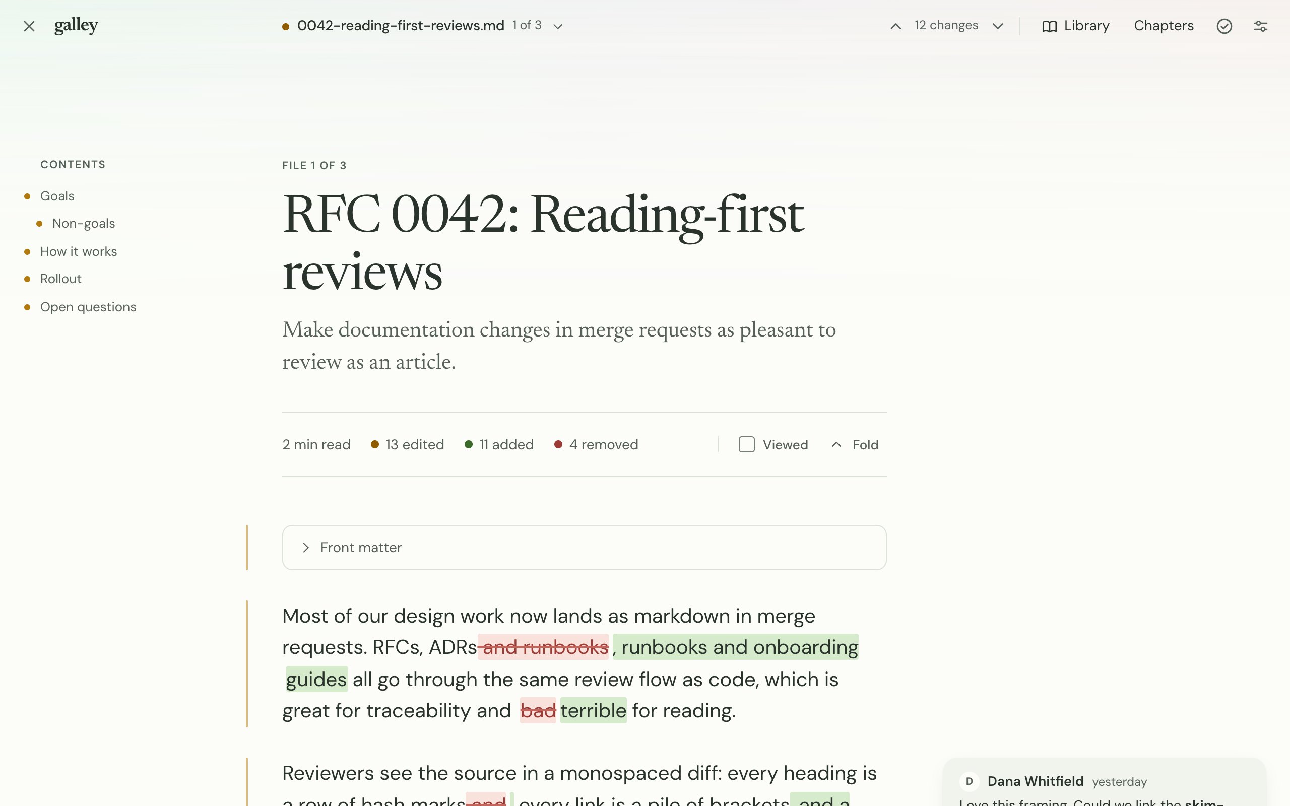 The merge request in Galley: a typeset document with edits marked in place and a comment thread beside its paragraph.