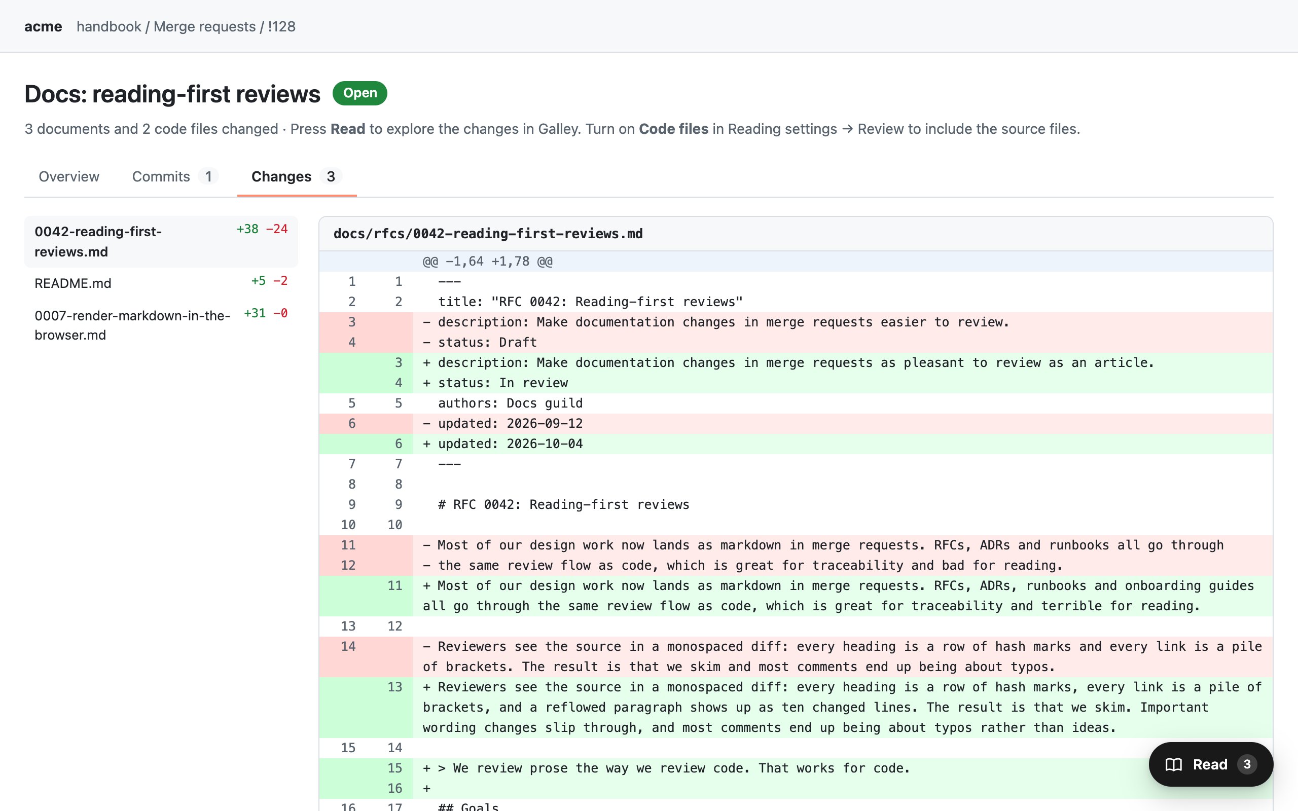 The same merge request as a diff: one monospace column of red and green lines, with a Read button in the corner.
